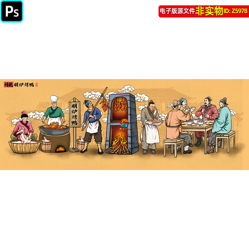 传统明炉烤鸭流程图古代人物烤鸭装饰画背景墙吊炉烧鸭插画ps素材