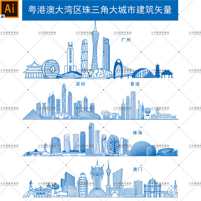 粤港澳大湾区矢量地标珠三角大城市地标建筑城市剪影会议背景素材