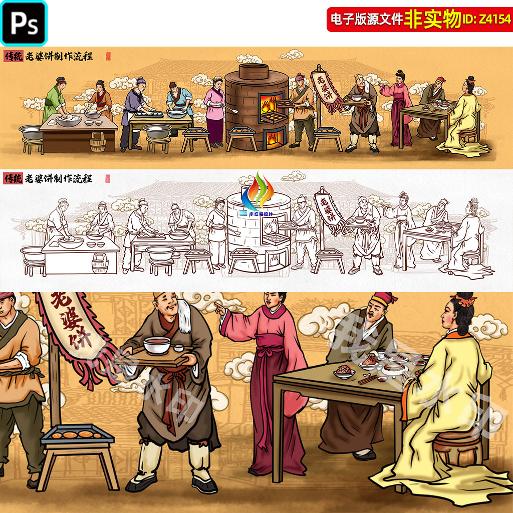 传统老婆饼制作流程工艺图酥饼糕点古人手工作坊装饰画背景墙素材