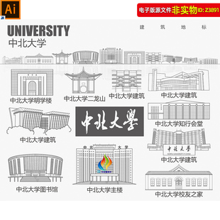 中北大学地标建筑矢量剪影印象建筑线稿线描手绘插画会议背景素材