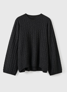 81HOURS 秋冬新款圆领长袖100%羊绒衫女宽松绞花纹理针织衫灰色女