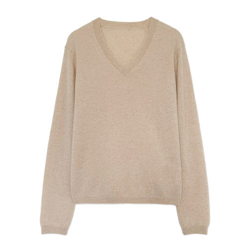 简约风V领100小山羊绒衫女长袖驼色针织衫百搭休闲上衣