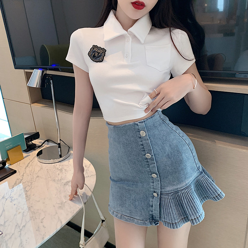 网红学院风两件套减龄短袖t恤小个子高腰包臀牛仔半身裙女夏套装