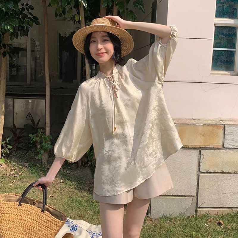 LunaGrace/小众设计师欧洲站新中式国风提花缎面真丝气质衬衫套装