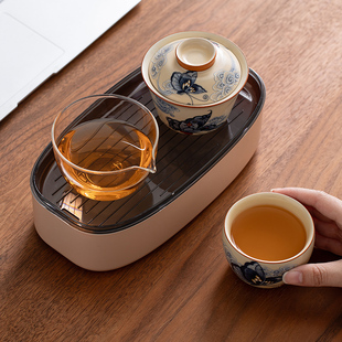 一人饮工位茶具便携式 汝窑旅行茶具套装 户外露营泡盖碗茶杯收纳盒