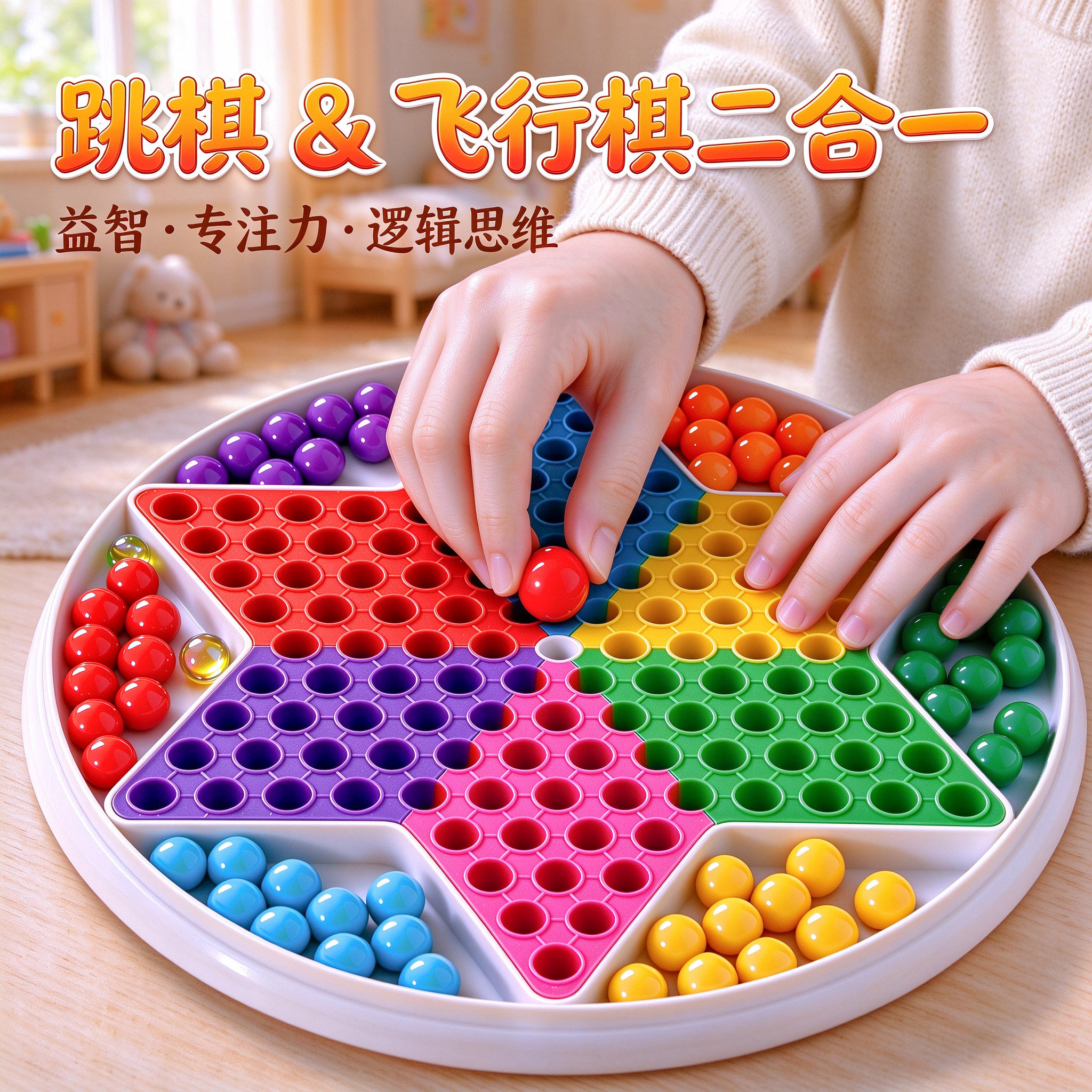 儿童跳棋棋盘亚克力弹珠跳跳棋儿童益智玻璃弹珠跳棋儿童小学专用