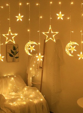 LED星伴月抱星彩灯窗帘灯少女心卧室装饰房间阳台飘窗布置