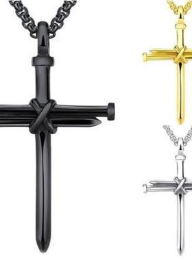 项链欧美钛钢十字架项链 经典简约百搭不锈钢钉子吊坠