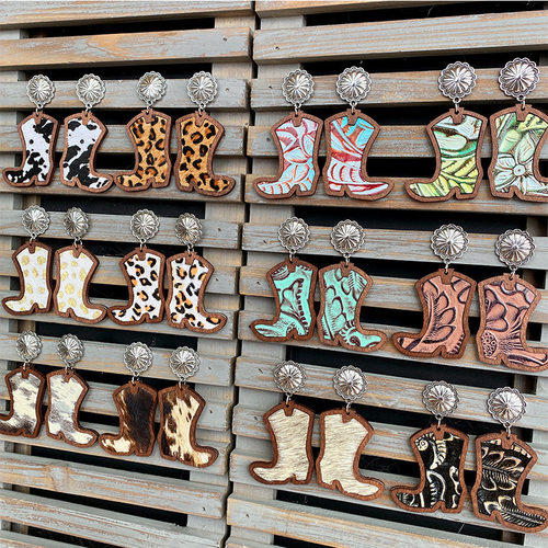 欧美西部牛仔靴子耳环经典豹纹真皮镶嵌木头质感耳钉