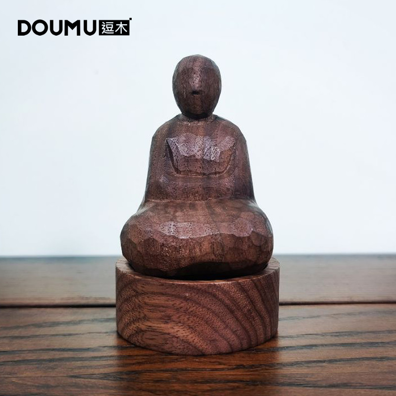 正念禅修纯手工雕刻黑胡桃中式禅意人像精油车载桌面扩香摆件