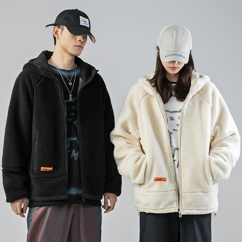 日系2021冬季新款情侣潮流摇粒绒百搭连帽棉服外套H5021图片