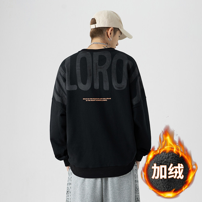 日系2021秋冬字母印花圆领嘻哈潮牌落肩袖加绒卫衣RH3506-P60控98图片