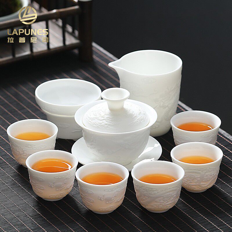 白瓷素烧中式功夫茶具套装家用整套盖碗茶杯羊脂玉瓷泡茶杯