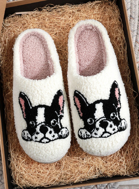大发少女 可爱腊肠狗居家毛毛拖鞋女秋冬加厚保暖防滑包头棉拖鞋