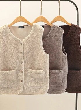 春秋2024秋冬新款韩版羊羔毛皮毛一体马甲加绒外套坎肩女背心马夹