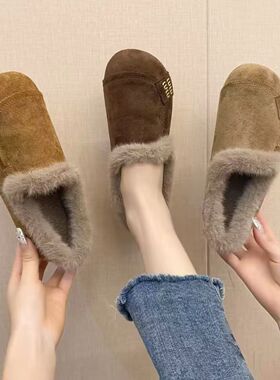 2025冬季新款覆古平底浅口加绒保暖豆豆鞋一脚蹬软底防滑勃肯棉鞋