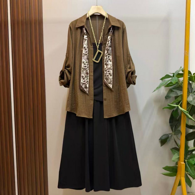 胖姐200斤女装欧货丝巾高级感衬衫吊带连衣裙松弛感套装