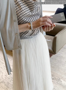 卢塞恩午夜_矜贵荡领背心/精致烫钻斜裁纱裙白色a字半身裙大姐姐