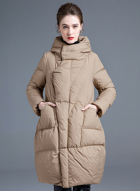 欧美羽绒服女中长款秋季新款连帽收腰显瘦大口袋时尚保暖外套欧式