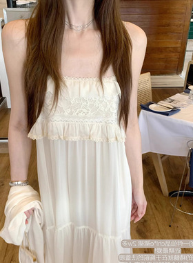 Lace薄雾月光_挚爱法蕾 朦胧仙气花边领口吊带裙白色连衣裙女热卖
