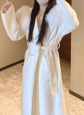 羊毛白色狐狸毛领连帽双面呢外套女系带羊绒大衣雪后初霁长款气质