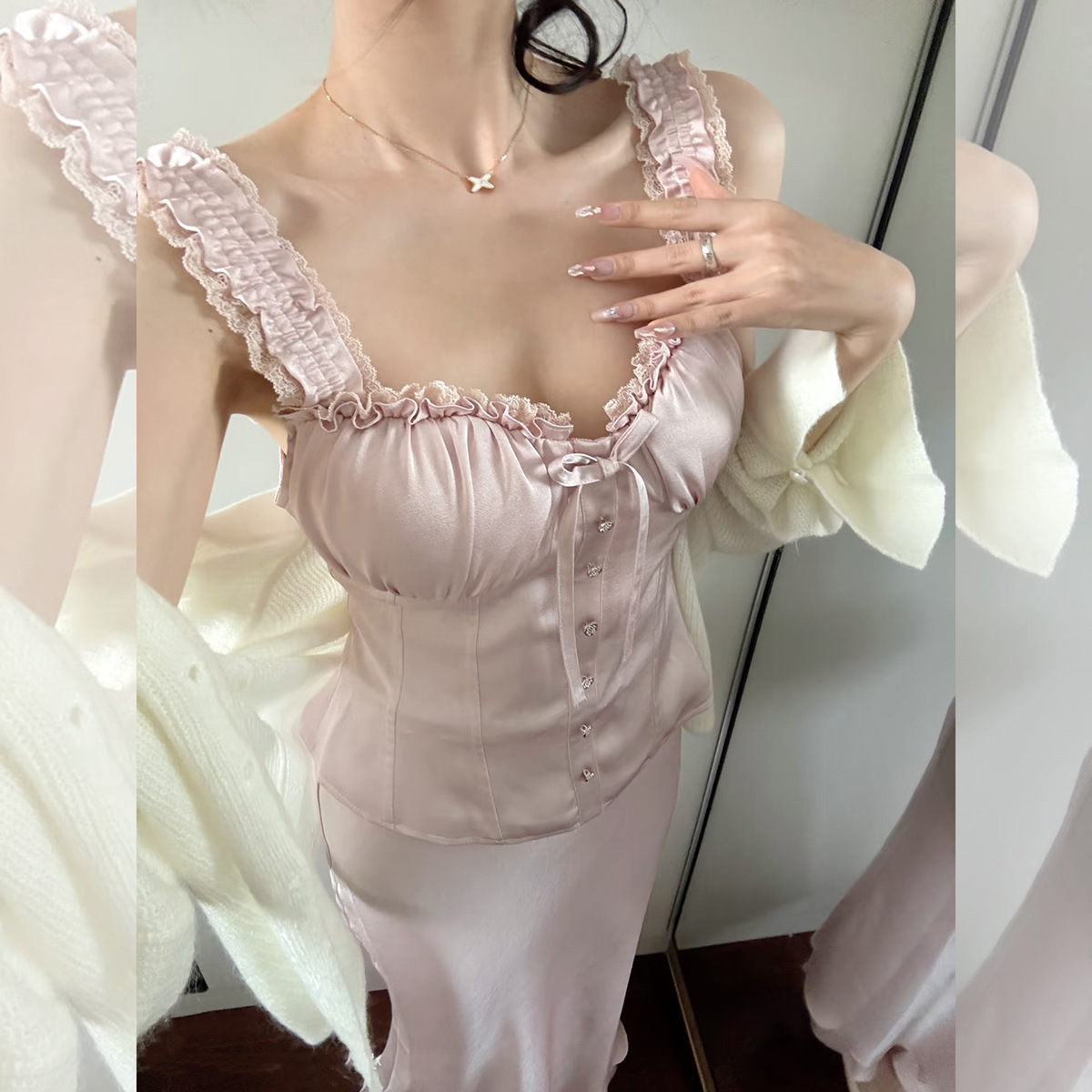 中古缎面吊带半裙套装女