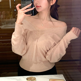 无法不心动 洋气蕾丝V领羊毛套头针织打底衫上衣女毛针织衫女装