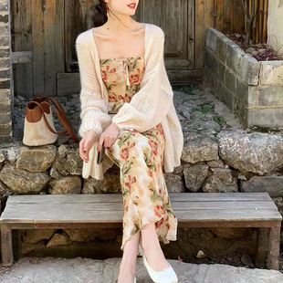 落花bloom碎花吊带抹胸连衣裙女夏渡假收腰长款吊带连衣裙一字肩