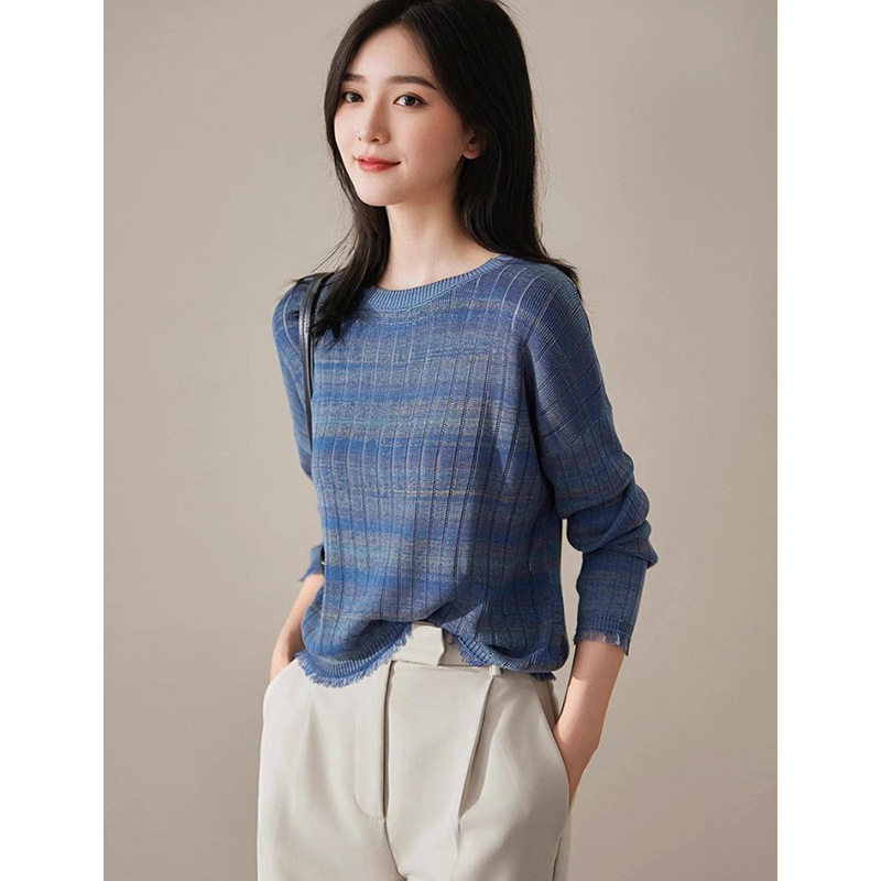 气质天丝彩虹条纹针织衫女显瘦潮流春季新款长袖套头设计感慵懒风