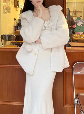 温暖牌小毛球环保皮草女秋冬中长款连帽毛毛外套白色上衣女慵懒风