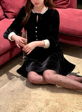 现货赫本风钻领黑色丝绒连衣裙女秋气质千金感生日party小礼裙女