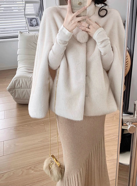 中古球球貂 仿水貂环保皮草外套女秋冬毛毛斗篷上衣中长款保暖