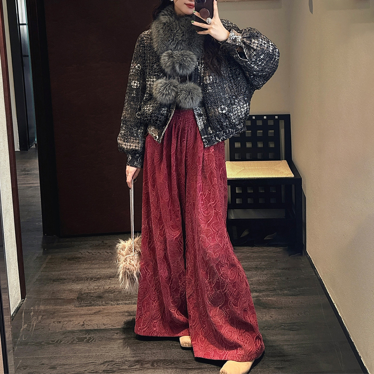 新中式植物双染阔腿裤裤子女