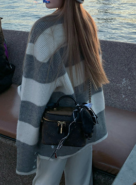 现货 伦敦启事 高克重TB大毛衣条纹开衫外套灰色宽松百搭毛衣外套