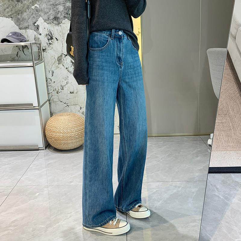 显瘦特效!垂感四面弹窄版阔腿裤秋季新柔软高腰宽松直腿牛仔裤女