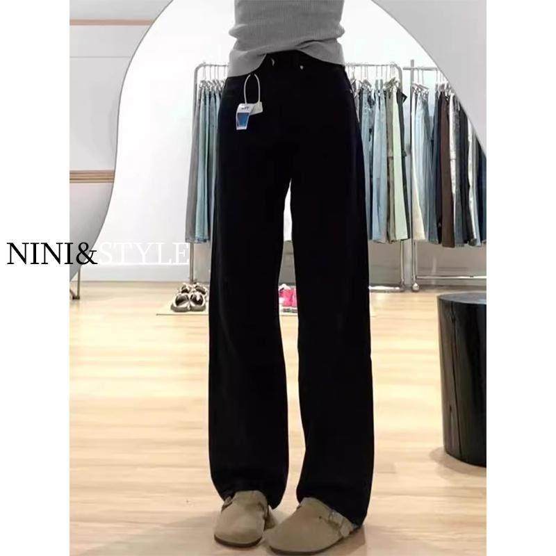 黑色窄版阔腿牛仔裤女小个子春秋2025年新款高腰宽松直筒裤子夏季