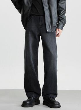 AGANONMEM黑色阔感直筒牛仔裤男春秋季美式高街水洗宽松百搭长裤