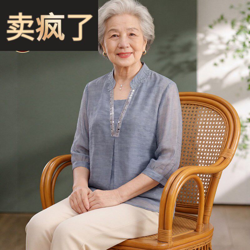 妈妈夏装2026新款洋气雪纺衫短袖T恤中老年女装国风假两件上衣服