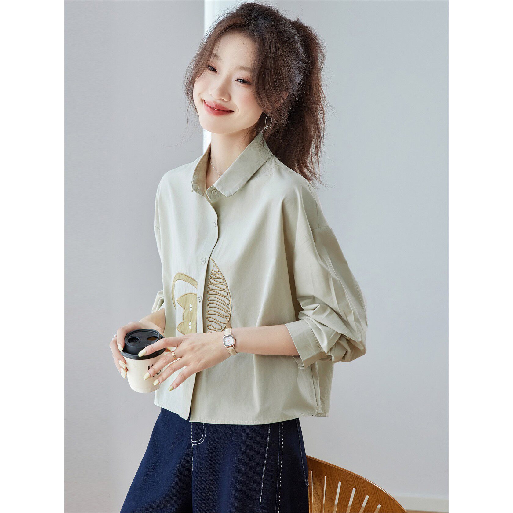 小个子短款高腰长袖衬衫上衣女2025新款春秋装宽松慵懒风纯棉衬衣