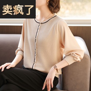 新款 妈妈春装 中年女装 洋气纱袖 圆领T恤中老年拼接打底上衣 针织衫