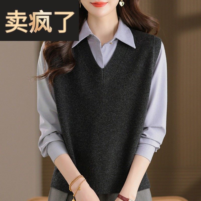 妈妈100纯羊毛绒衫无袖背心毛衣V领加厚秋冬针织马甲宽松大码外穿