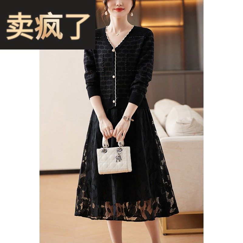 妈妈连衣裙春装洋气假两件针织衫上衣2025新款中年秋冬季宽松裙子