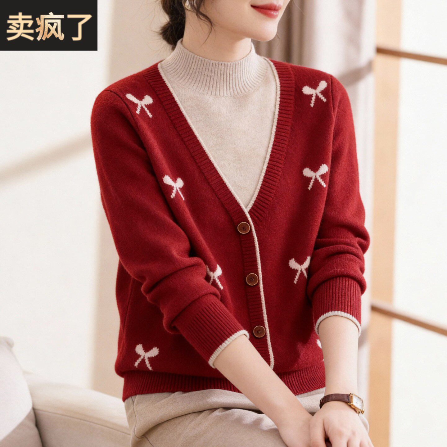 喜卉假两件针织衫中老年女装洋派打底上衣妈妈冬装本命年红色毛衣