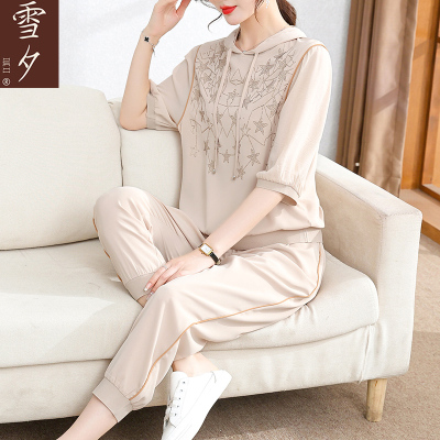 妈妈装春夏轻薄时尚运动套装40岁50中老年女装洋气连帽上衣服高贵