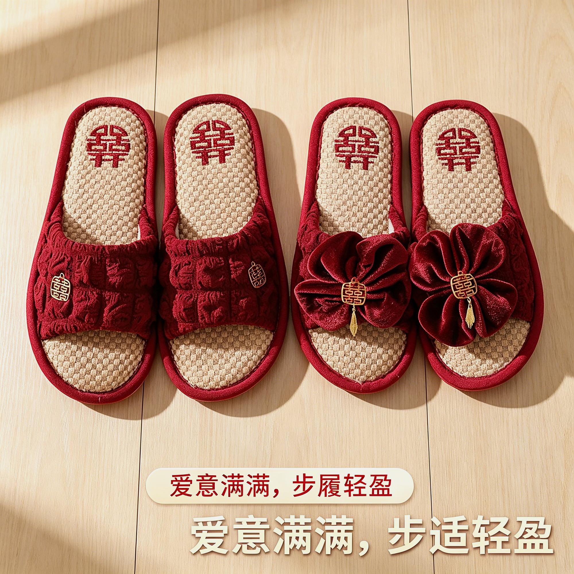 踩屎感增高平底结婚拖鞋喜庆红