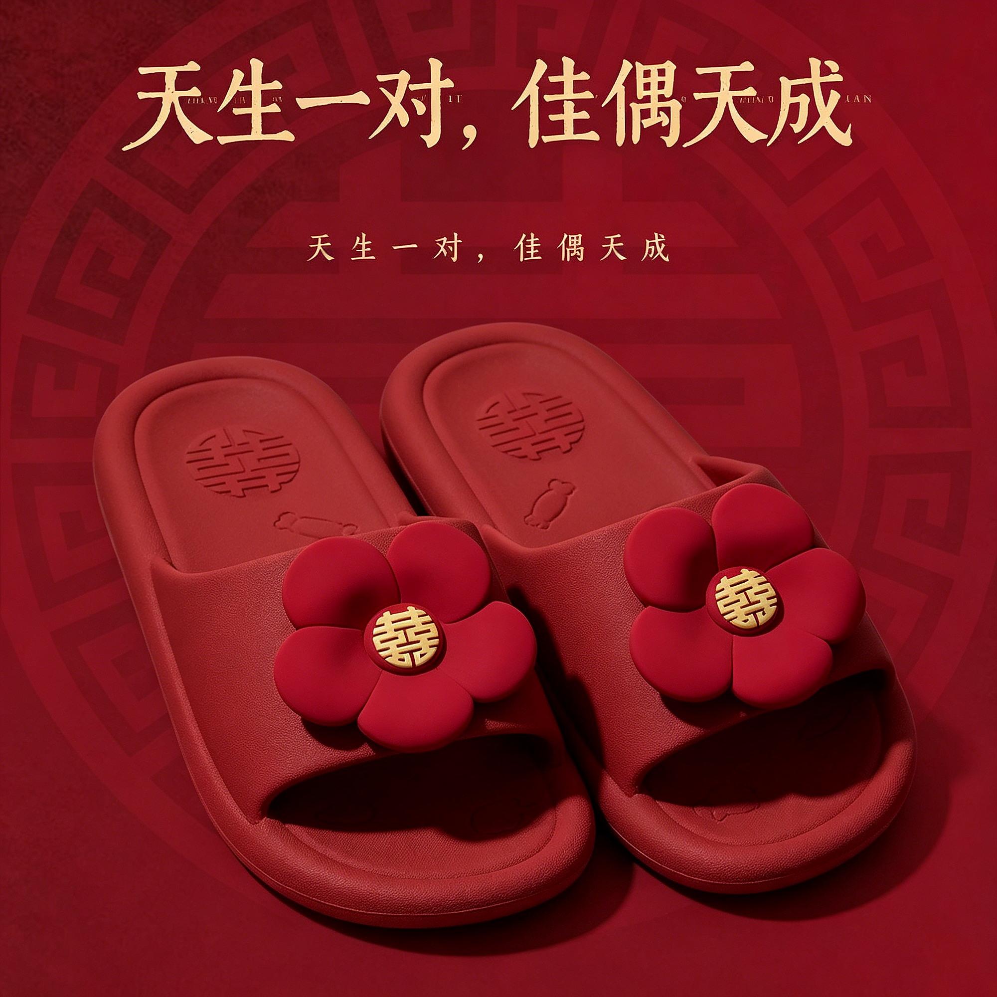 结婚拖鞋喜庆红色一对情侣陪嫁