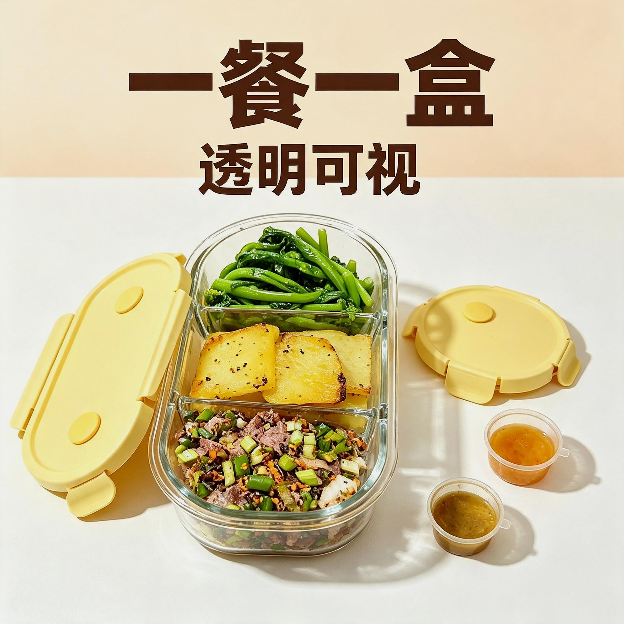 大学生玻璃分隔饭盒微波炉加热