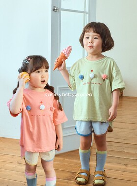 1st韩国进口童装代购26夏男女小大童薄棉可爱立体毛球甜筒短袖T恤