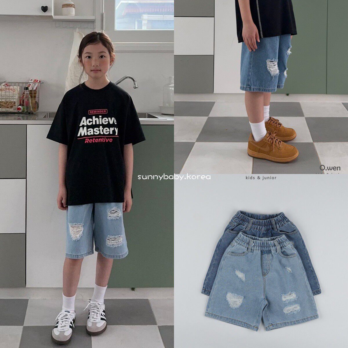 OWEN韩国进口童装代购26夏男女小大童复古做旧破洞百搭软牛仔短裤