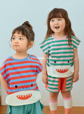 1st韩国进口童装代购26夏男女小大童薄棉卡通条纹拼色微袖坎肩T恤